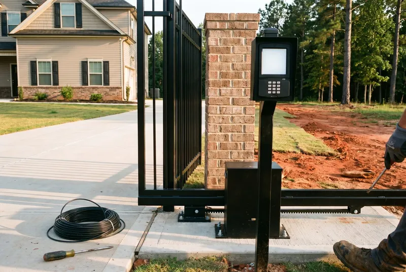 Keypad entry station beside a sliding gate operator (sample photo)