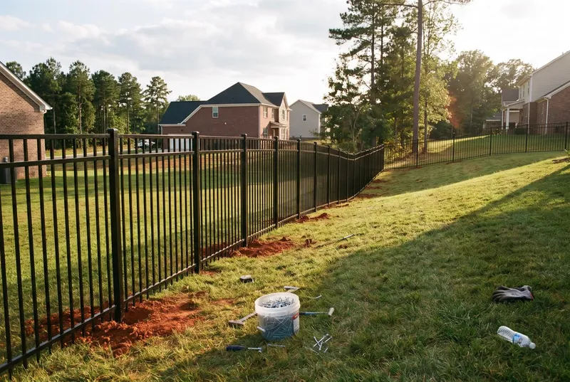Black aluminum fence stepping down a slope (sample photo)