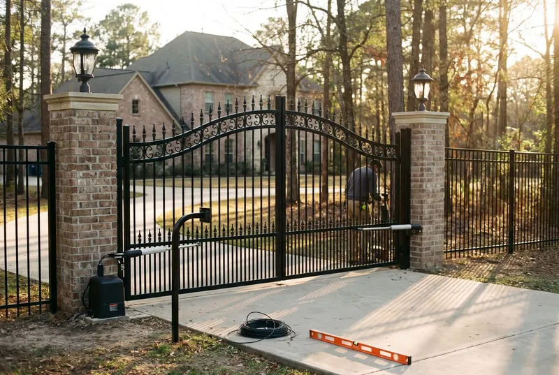 Ornamental steel estate driveway gate on brick columns (sample photo)