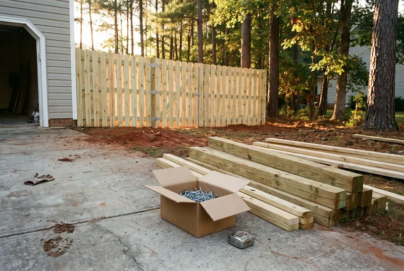 Pressure-treated posts, pickets and rails stacked for an Indian Trail job (sample photo)