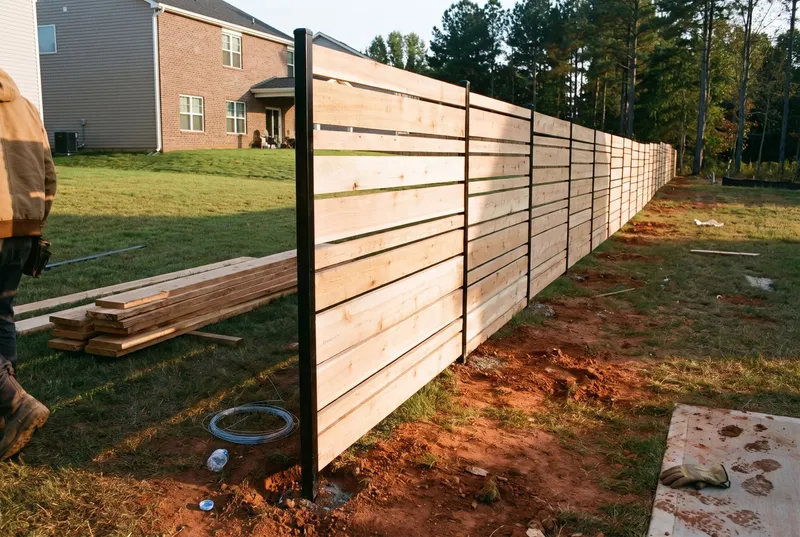Horizontal cedar slat fence on steel posts (sample photo)