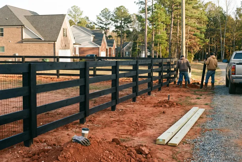 Black four-board horse fence with no-climb wire (sample photo)