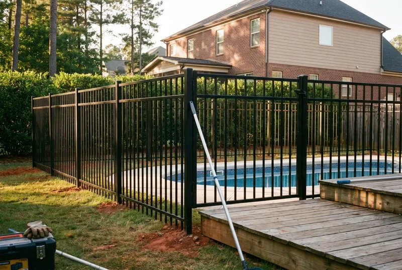Aluminum pool fence with a self-closing gate (sample photo)