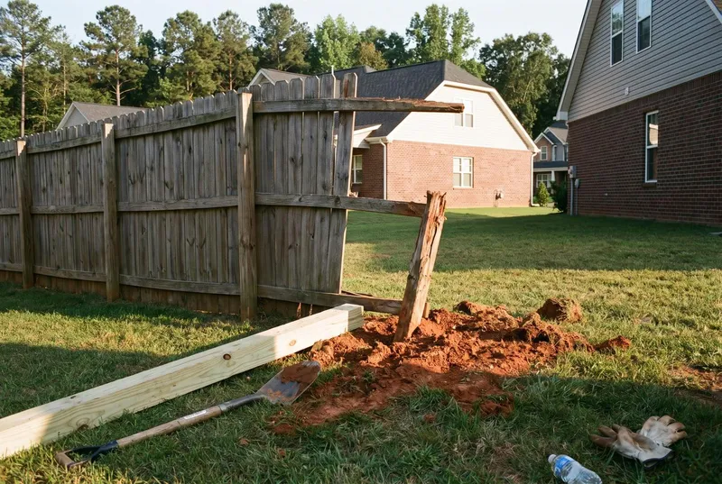 Leaning privacy fence with a snapped post (sample photo)